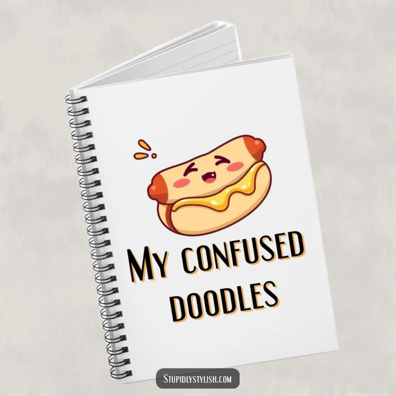 Funny notebook cover with a confused hot dog in a bun, ideal for notes and creative writing.