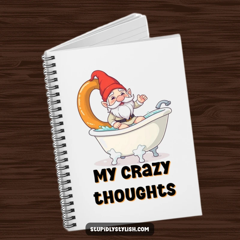 Funny notebook cover with a confused garden gnome surfing a giant pretzel in a bathtub. Ideal for jotting down quirky thoughts.