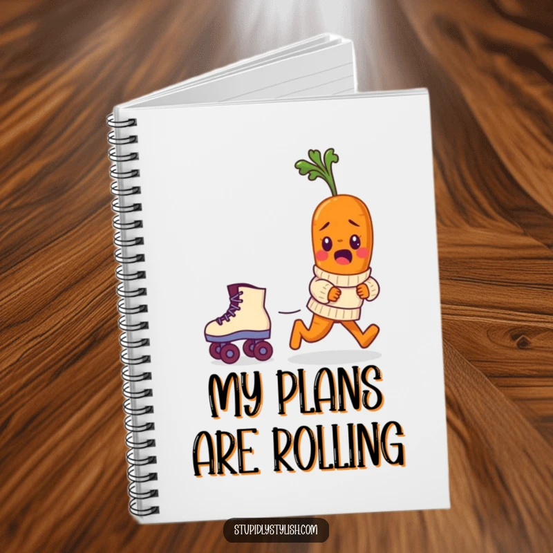 Funny notebook cover featuring a bewildered baby carrot in a sweater comically chasing a runaway roller skate, designed for humor.