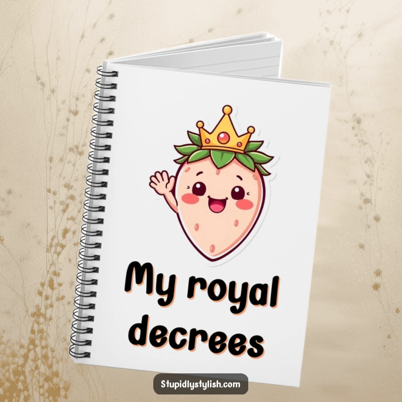 Funny notebook featuring a cheerful strawberry character wearing a crown and waving, ideal for jotting down happy thoughts.