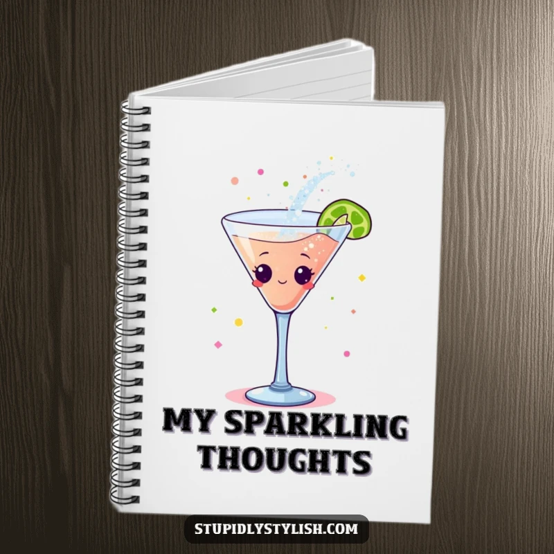 Funny notebook: A dancing cocktail glass character depicted on the cover, artfully shedding glitter onto the pages within.