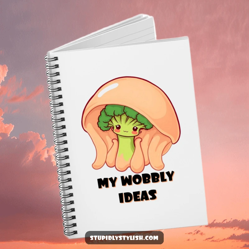 Funny notebook with a shy broccoli floret peeking from behind a giant, wobbly jelly, perfect for jotting ideas.