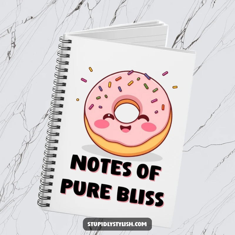 Funny notebook with a giggling donut and flying sprinkles, perfect for jotting down creative ideas with a humorous and sweet spirit.