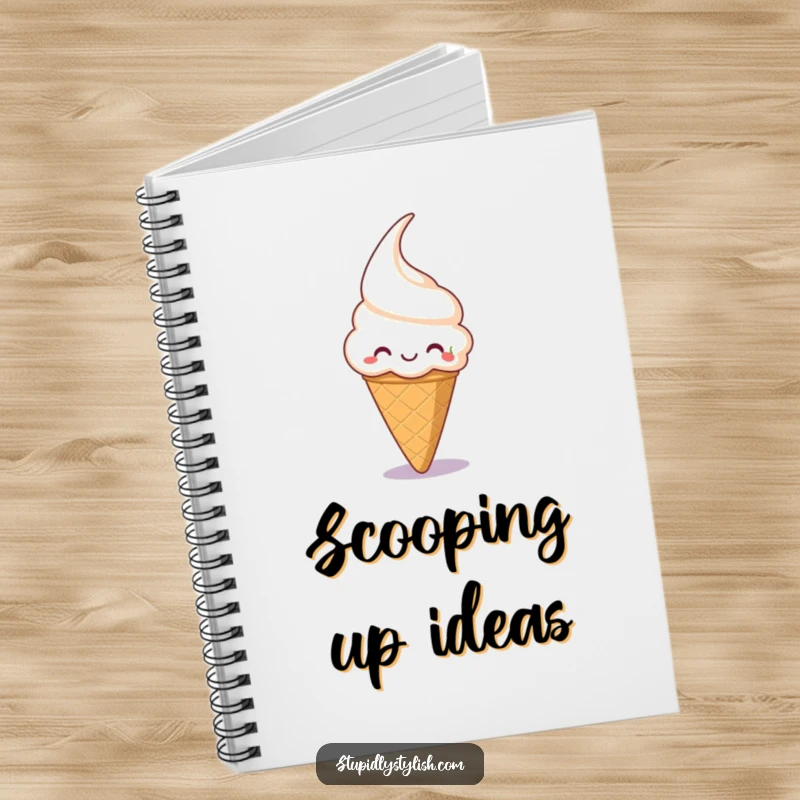 Funny notebook with a grinning ice cream cone trying to catch a cherry, perfect for jotting down sweet ideas.