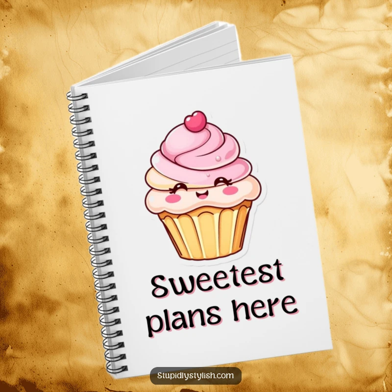 Funny notebook cover with a chic cupcake character featuring an elaborate frosting design, ideal for jotting down sweet thoughts.
