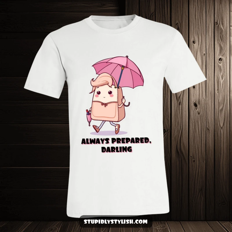Funny t-shirt design of a sassy handbag character strutting proudly with a miniature, matching umbrella, a chic fashion statement.