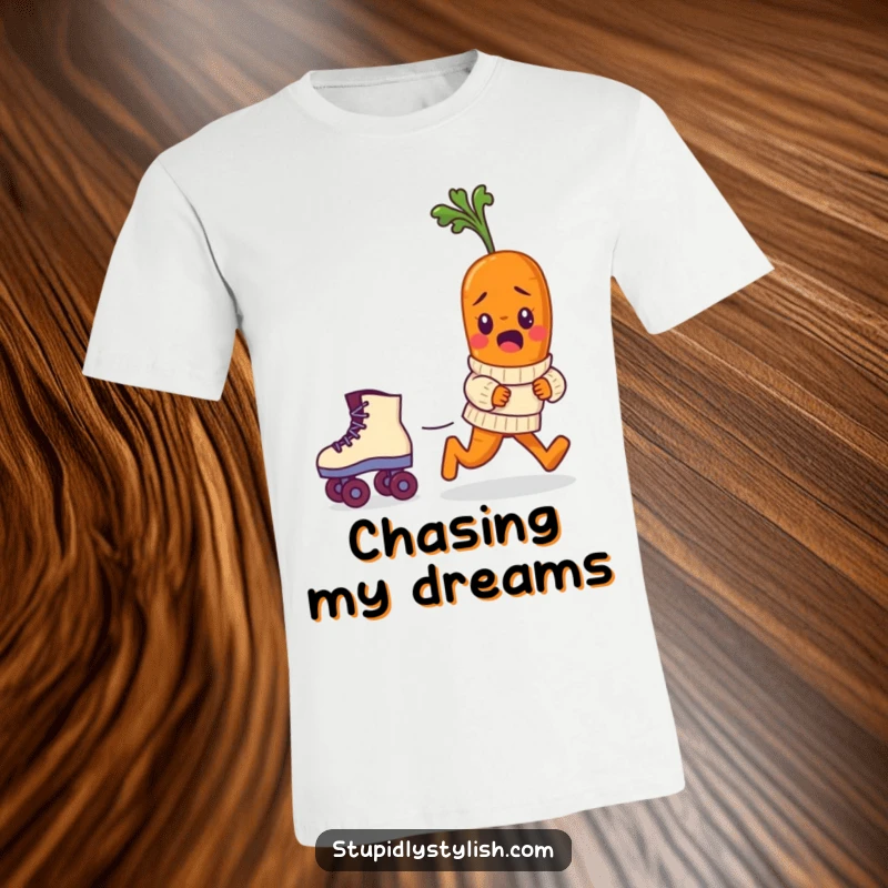 Funny t-shirt depicting a bewildered baby carrot wearing a sweater, comically pursuing a runaway roller skate, showcasing quirky humor.