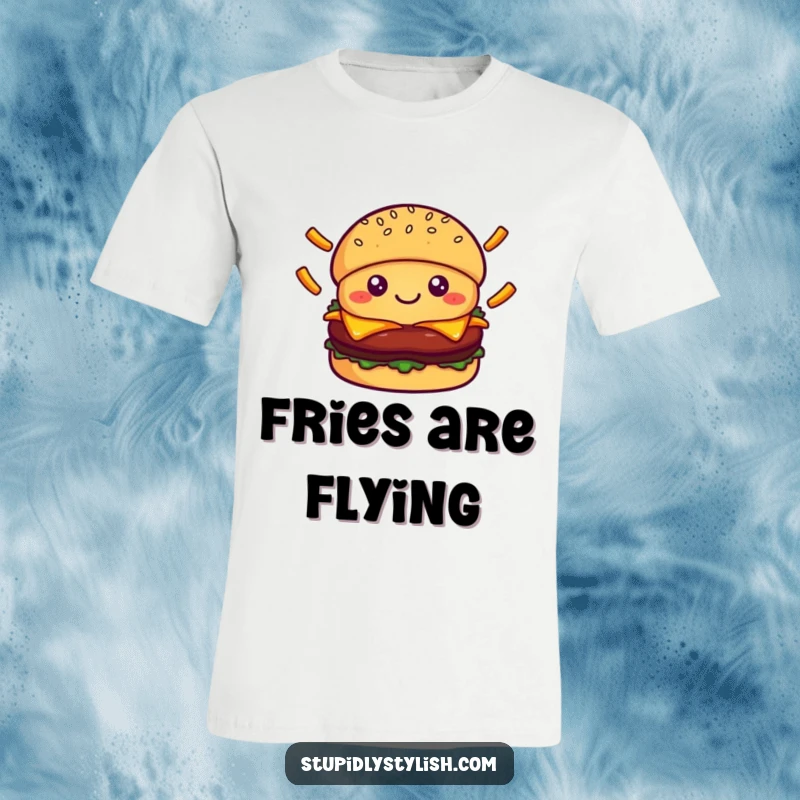 Cute smiling burger character actively juggling falling french fries, perfect for a funny t-shirt celebrating food and fun.