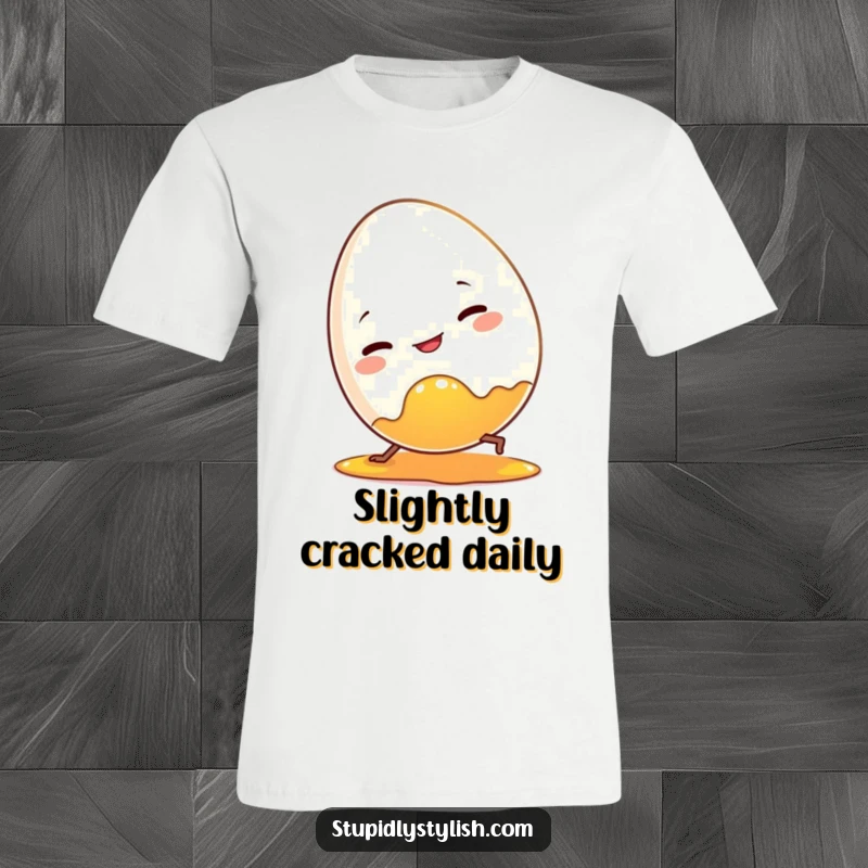 Funny t-shirt featuring a clumsy egg character stumbling over its own spilled yolk. A humorous depiction of mishaps.
