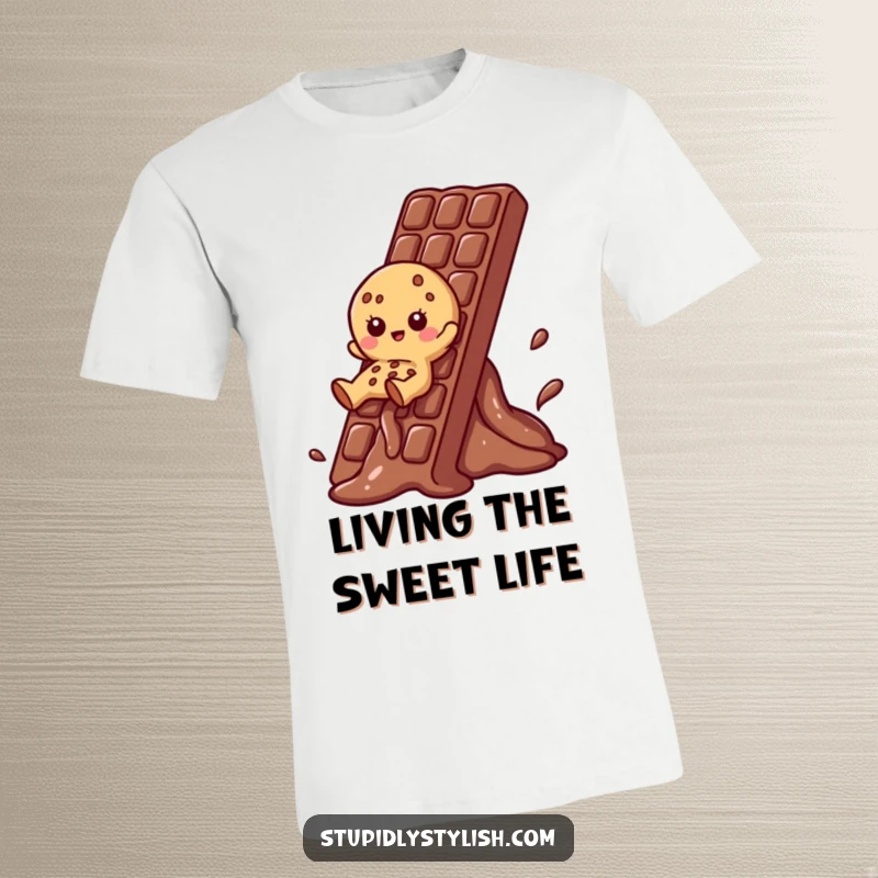 Funny Cookie T-Shirt featuring a cookie character enjoying a slide down a melting chocolate bar, perfect for treat lovers.