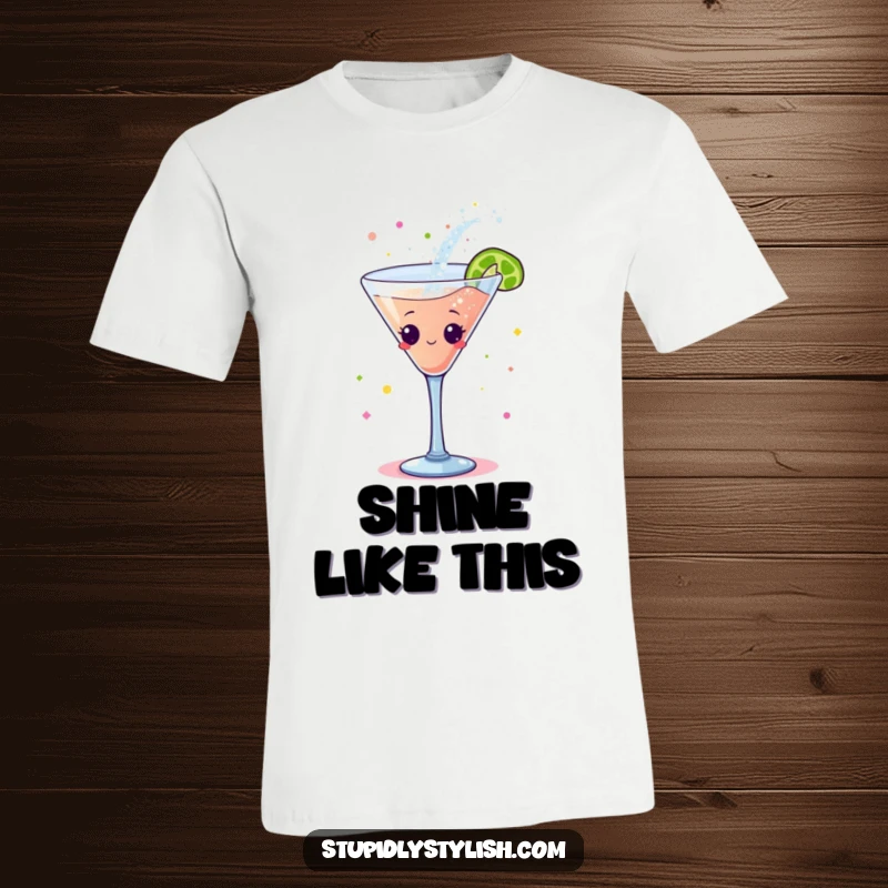 Funny t-shirt: A lively cocktail glass character engaged in a dynamic dance, scattering vibrant glitter with every move.