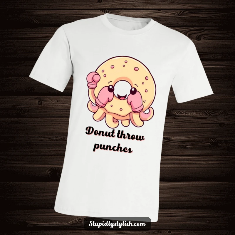 Funny t-shirt depicting a round, happy donut sporting boxing gloves on its tentacles, ready for sweet action.