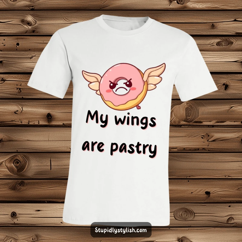 Funny t-shirt design of a grumpy donut with pastry wings failing at flight, looking comically flustered and determined to soar.