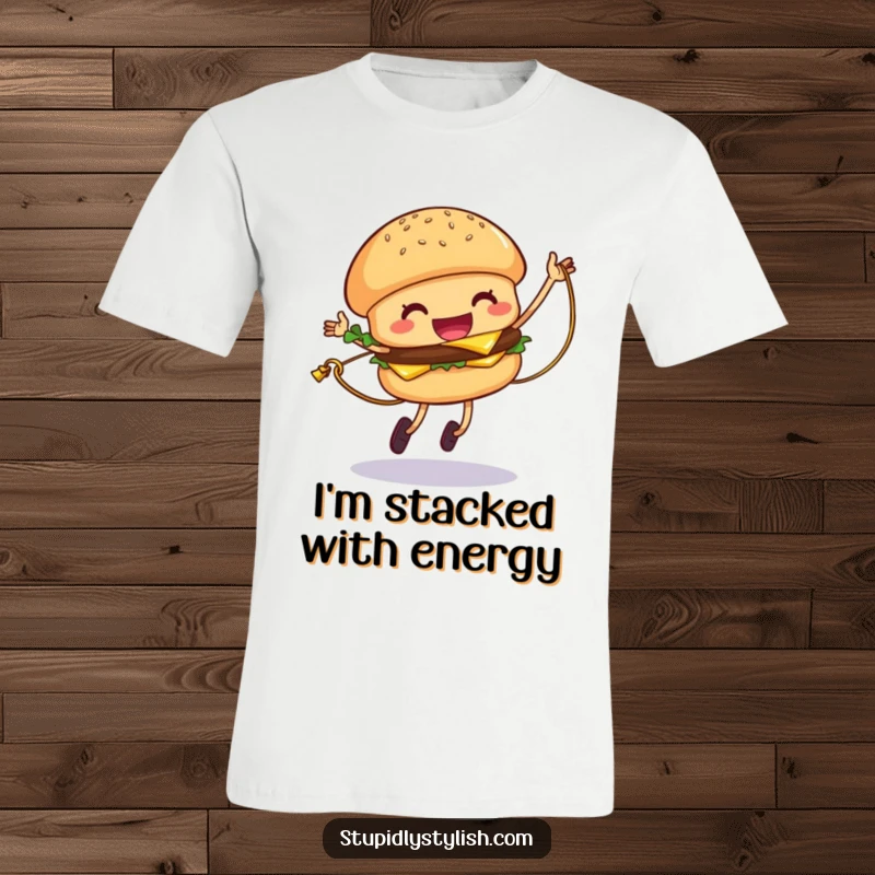 Funny Hamburger T-Shirt featuring a giggling hamburger jumping rope with a cheese strand, perfect for active foodies.