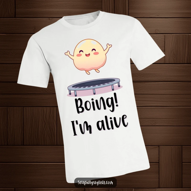 Funny t-shirt showcasing a jubilant, unsteady jelly blob mid-bounce on a trampoline, radiating infectious energy.