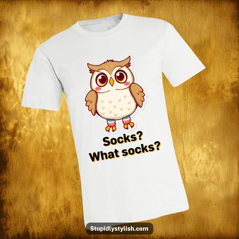 Funny owl t-shirt depicting a flustered owl peeking out, one sock up, the other down, expressing a funny fashion emergency.