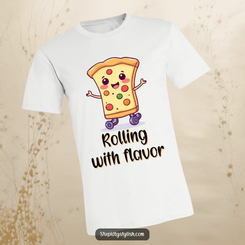 Funny smiling slice of pizza wearing tiny roller skates, a humorous and vibrant t-shirt design.