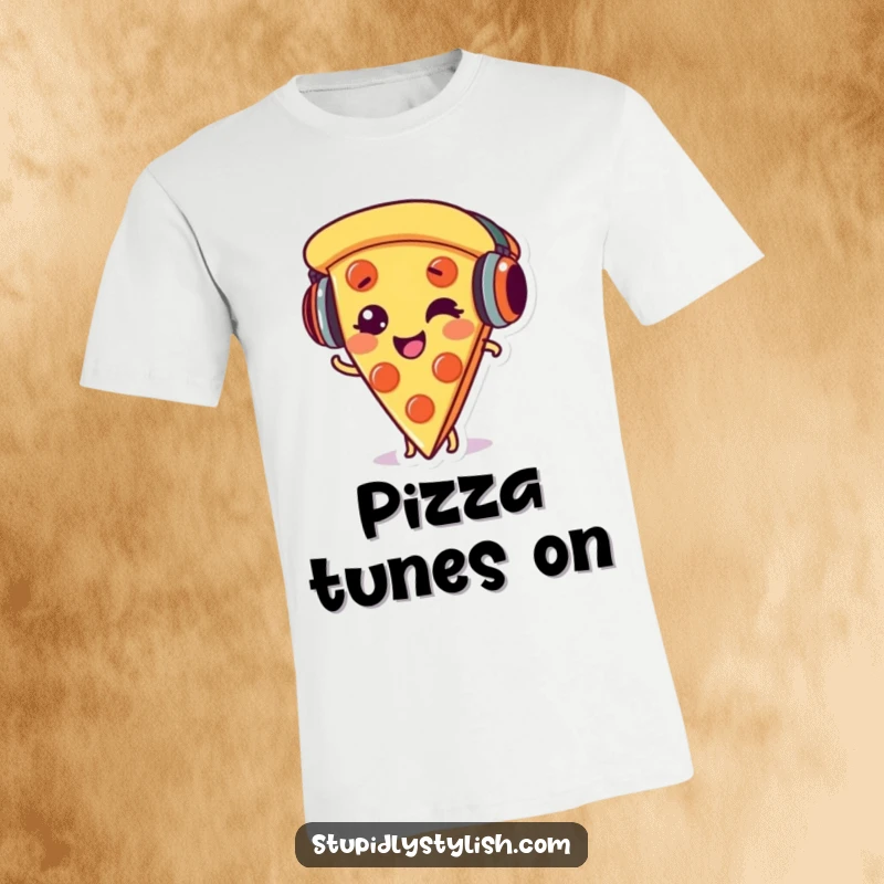 Funny t-shirt design of a giggling pizza slice wearing headphones, radiating joy and a passion for music.