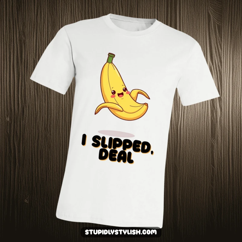 Funny T-Shirt depicting a silly banana in a dramatic, exaggerated slip on a peel, showcasing peak cartoon comedy and slapstick.