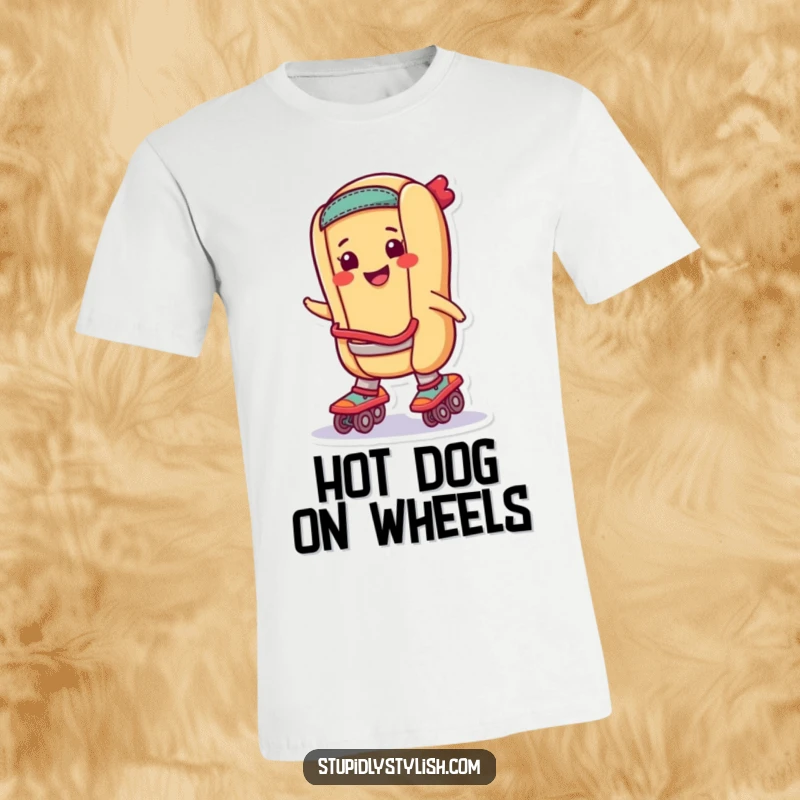 Funny T-Shirt: A hot dog with a smile, wearing roller skates, ideal for casual and active wear.