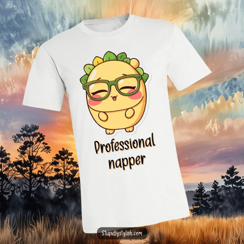 Funny t-shirt with a drowsy taco character sporting large glasses, embodying a desire for sleep and tacos.