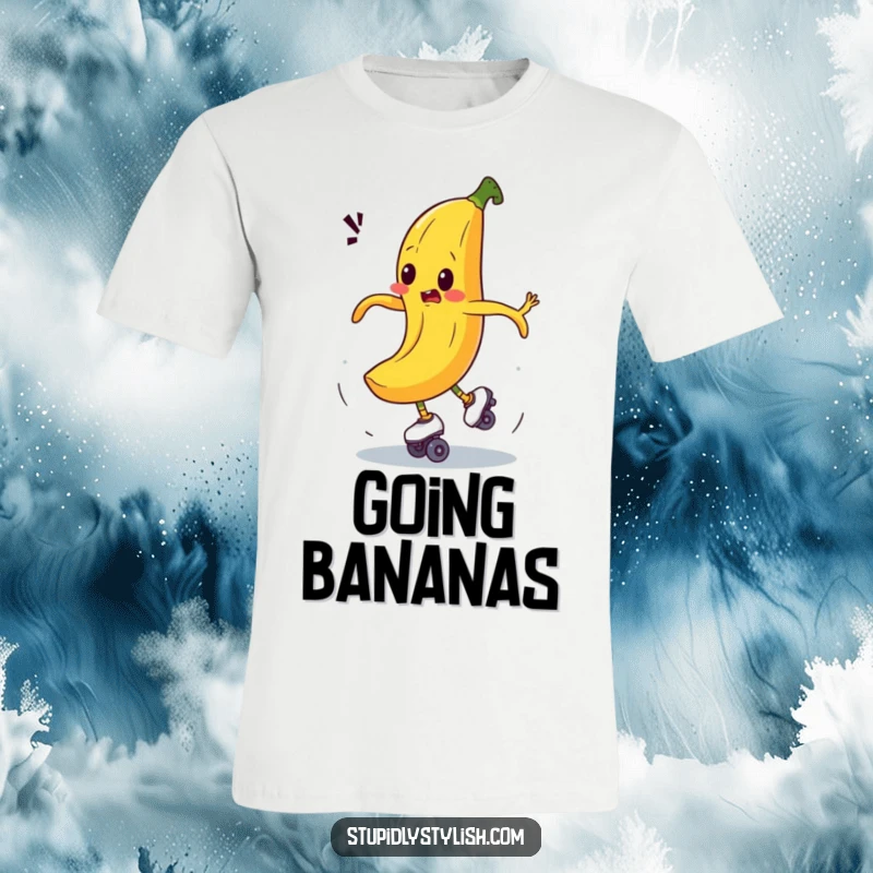 Funny t-shirt featuring a bewildered banana comically spinning out of control on roller skates, embodying hilarious chaos.