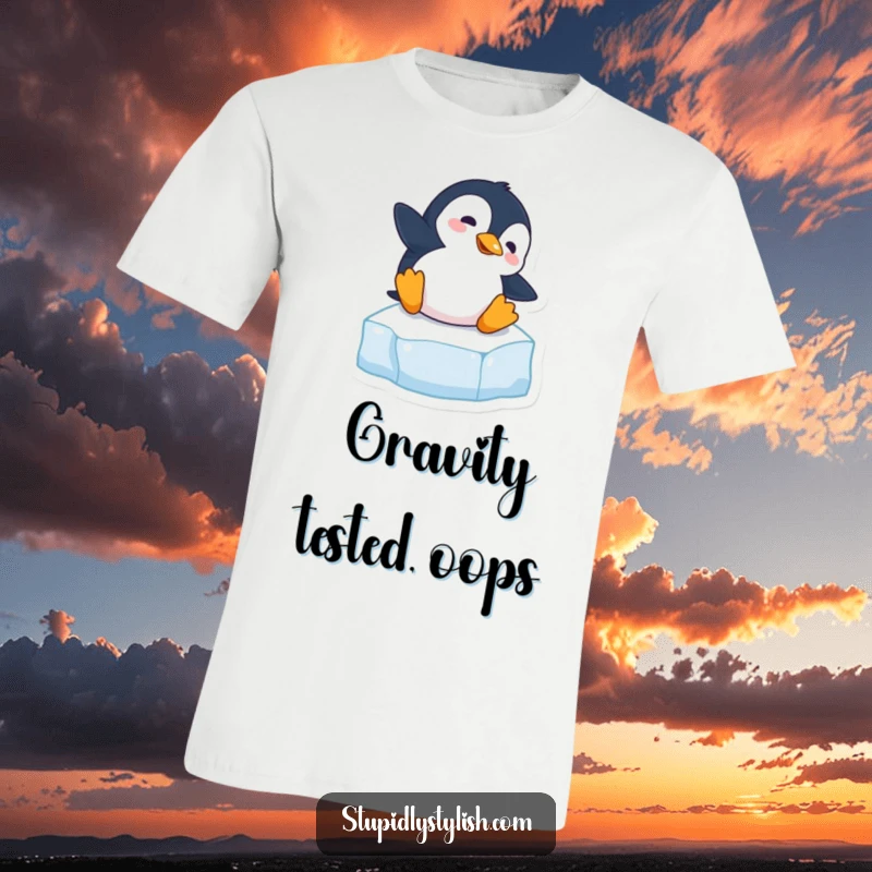 Funny T-shirt showcasing a clumsy penguin comically slipping on an ice cube, ideal for expressing humorous personality.