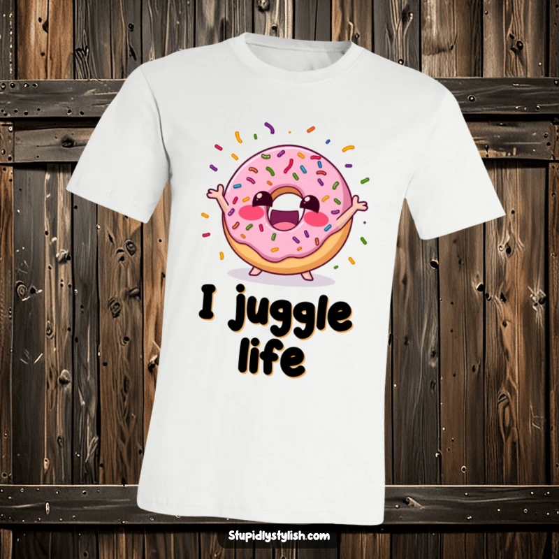 Funny T-Shirt with an excited donut expertly juggling a cascade of colorful sprinkles, radiating happiness and a passion for sweet fun.
