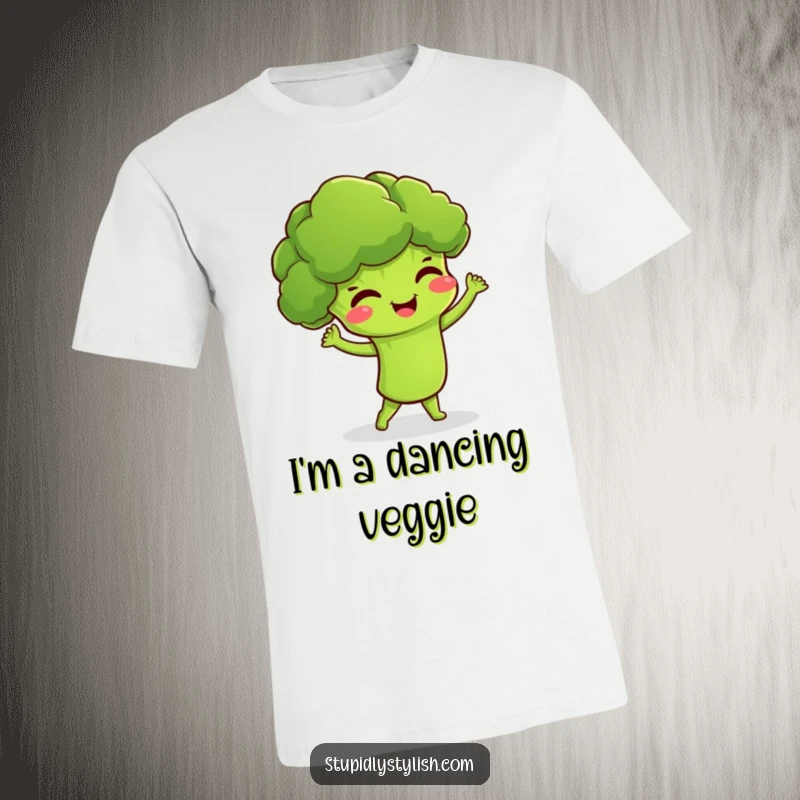 Funny T-shirt showcasing a gleeful broccoli character in mid-dance, laughing hysterically, perfect for active fun.