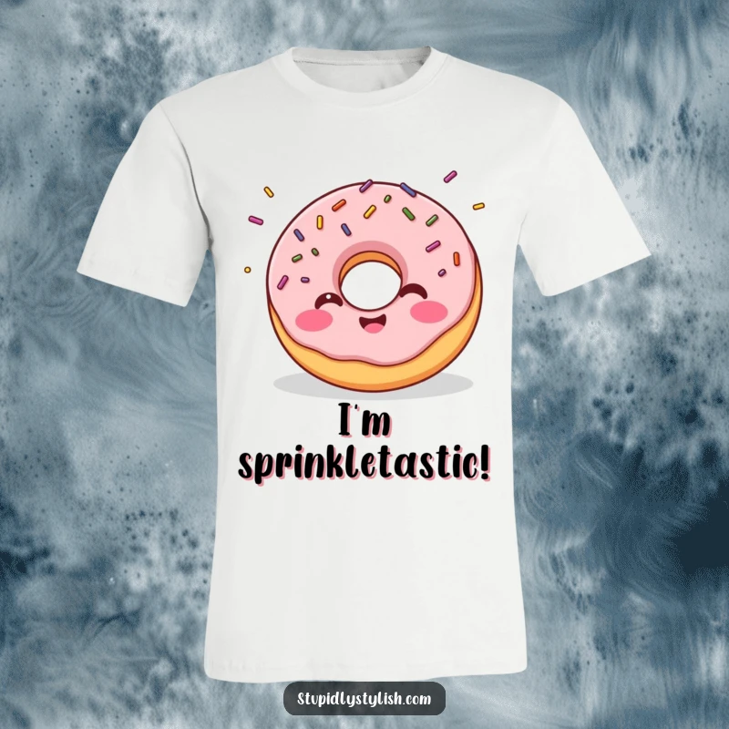 Funny t-shirt featuring a giggling donut with sprinkles bursting outward, representing pure happiness and a love for treats.