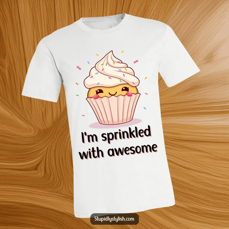 Funny t-shirt featuring a happy cupcake with its sprinkles comically flying in all directions, radiating pure, sweet joy.