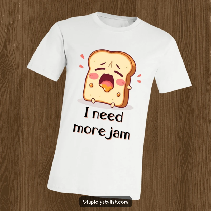 Funny T-Shirt showing a tired toast character yawning widely with jam, representing relatable morning fatigue with a humorous, laid-back vibe.