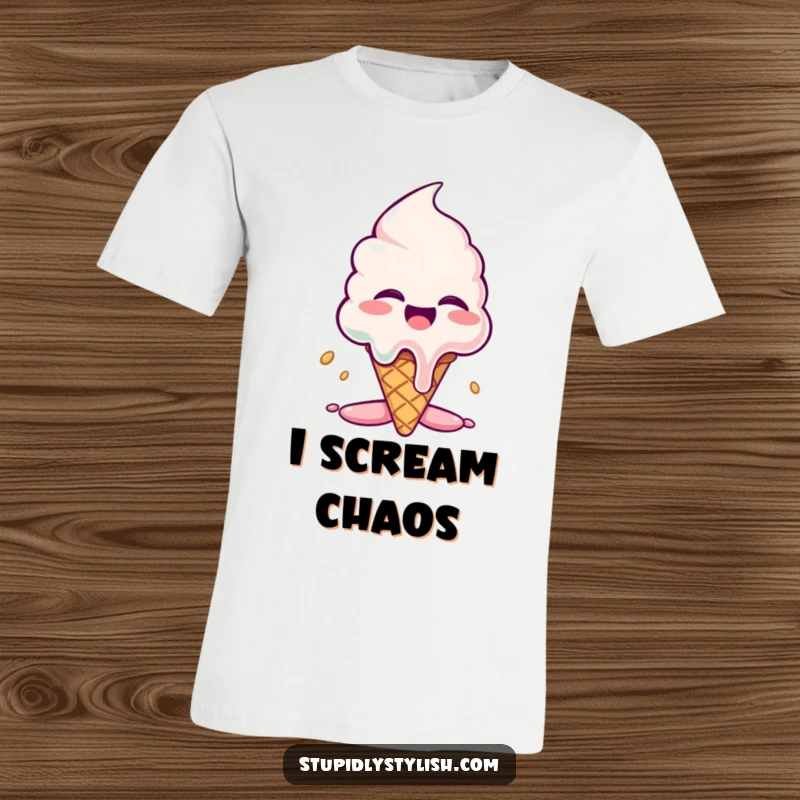 Funny t-shirt: A giggling ice cream cone depicted in the process of melting dramatically, with sticky, joyful drips.