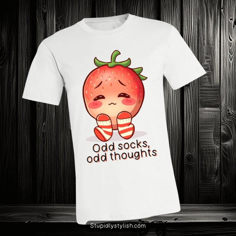 Funny t-shirt showcasing a confused, blushing strawberry wearing completely mismatched socks, radiating endearingly awkward charm.