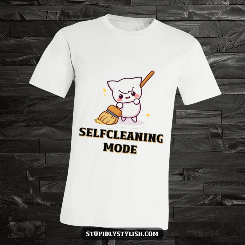 Funny t-shirt design of a mischievous broom humorously sweeping itself away, conveying self-sufficiency and playful chaos.