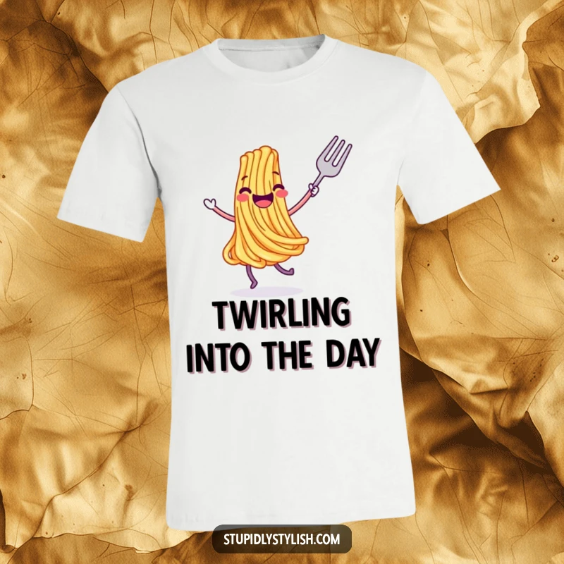 Funny t-shirt depicting a joyful, dancing spaghetti strand with a fork, radiating pure happiness and a love for carbs.