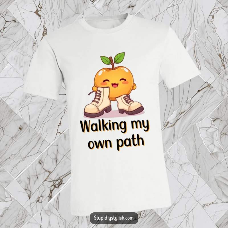 Funny t-shirt with a cute apple character trying to wear enormous, mismatched shoes, symbolizing individuality.