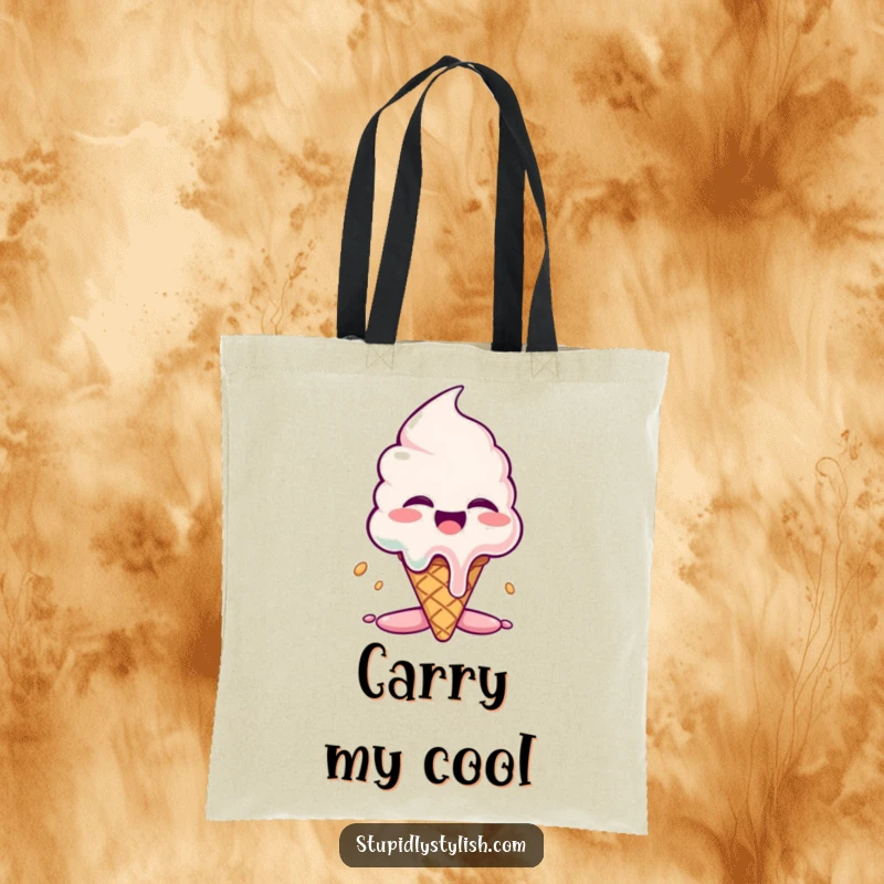 Funny tote bag: A giggling ice cream cone losing its shape dramatically as it melts, creating a fun, messy visual.