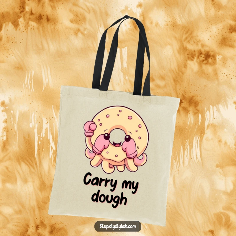 Funny tote bag featuring a round, smiling donut with boxing gloves on its tentacles, ready for action and errands.