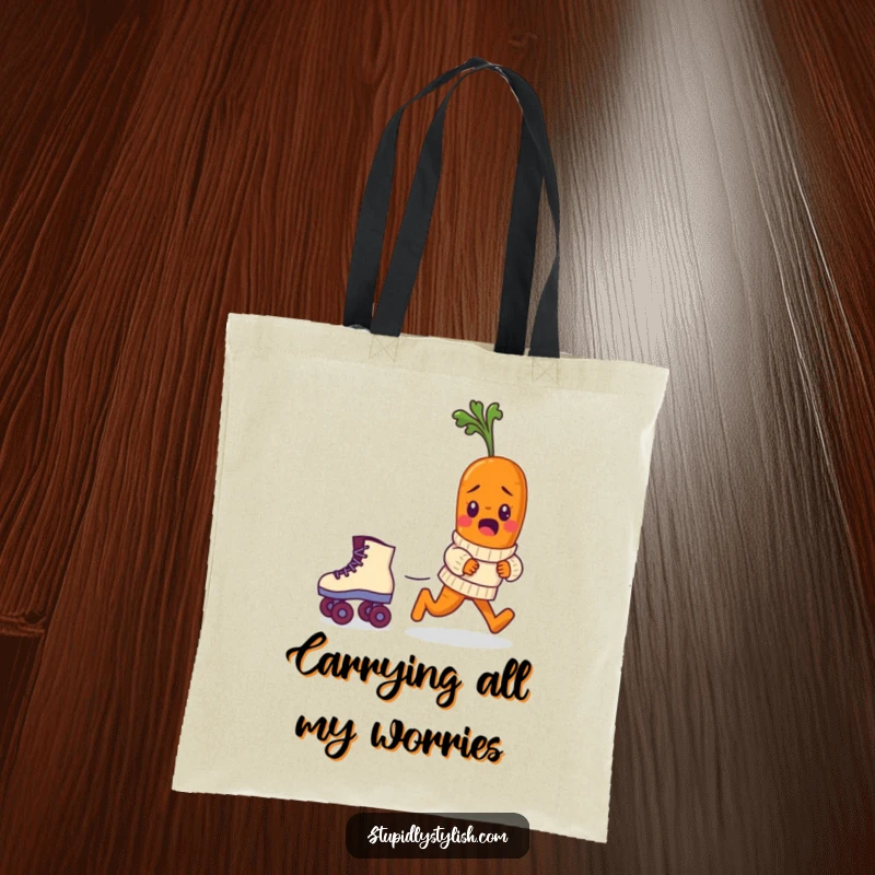 Funny tote bag featuring a bewildered baby carrot in a sweater chasing a runaway roller skate, a humorous and eye-catching design.