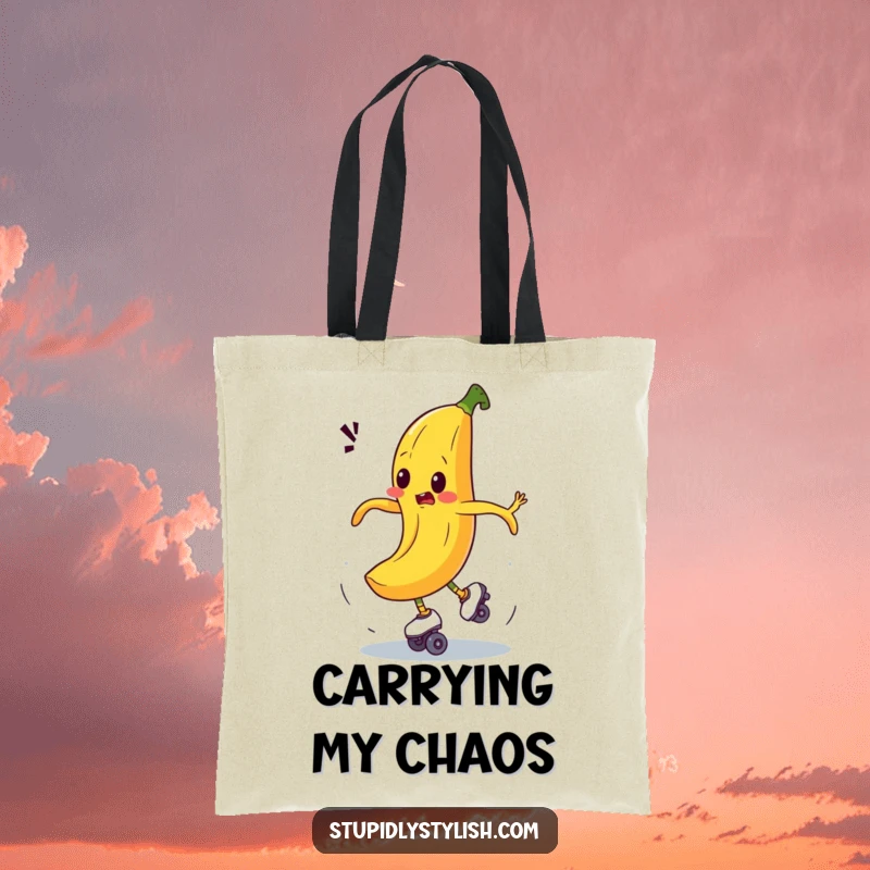 Funny tote bag showing a bewildered banana comically spinning out of control on roller skates, perfect for carrying items with humor.