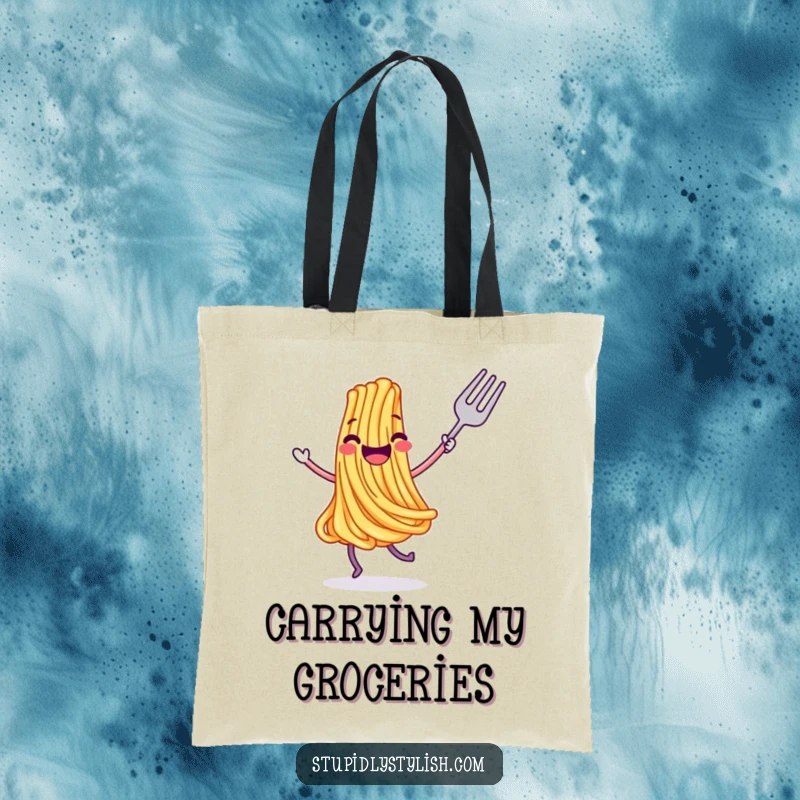 Funny tote bag with a joyful, dancing spaghetti strand and a fork, perfect for stylish grocery runs and humorous outings.