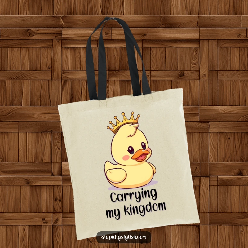 Funny Tote Bag: A rubber duck wearing a tiny crown, appearing surprised, great for daily use.