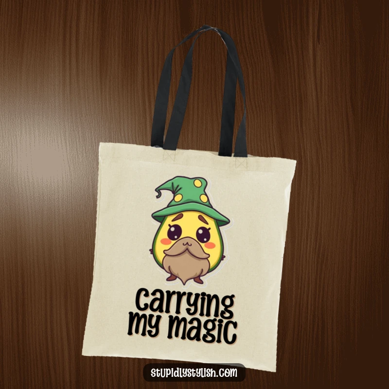 Funny Avocado Wizard Tote Bag showing a startled avocado dressed as a wizard, a magical and practical accessory.