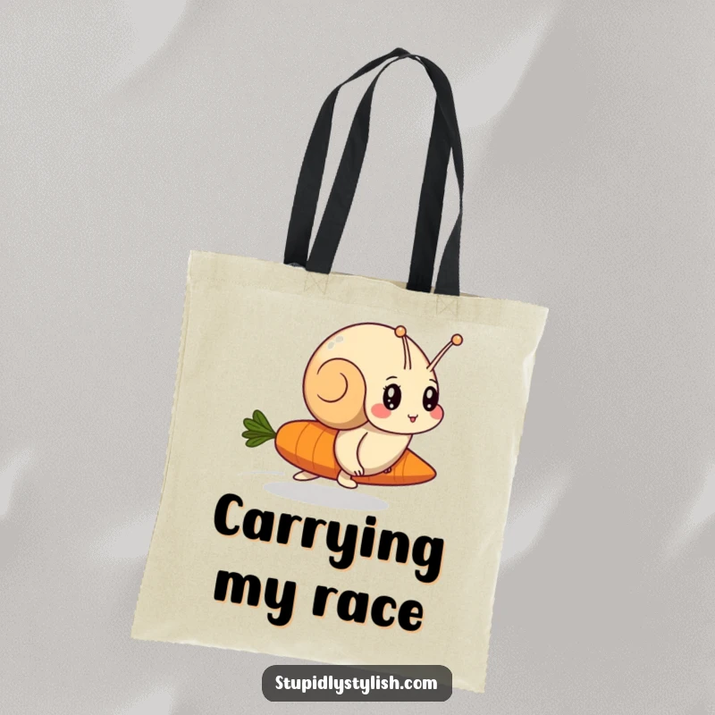 Funny tote bag featuring a determined snail racing a blur of a carrot, perfect for carrying essentials with a humorous flair.