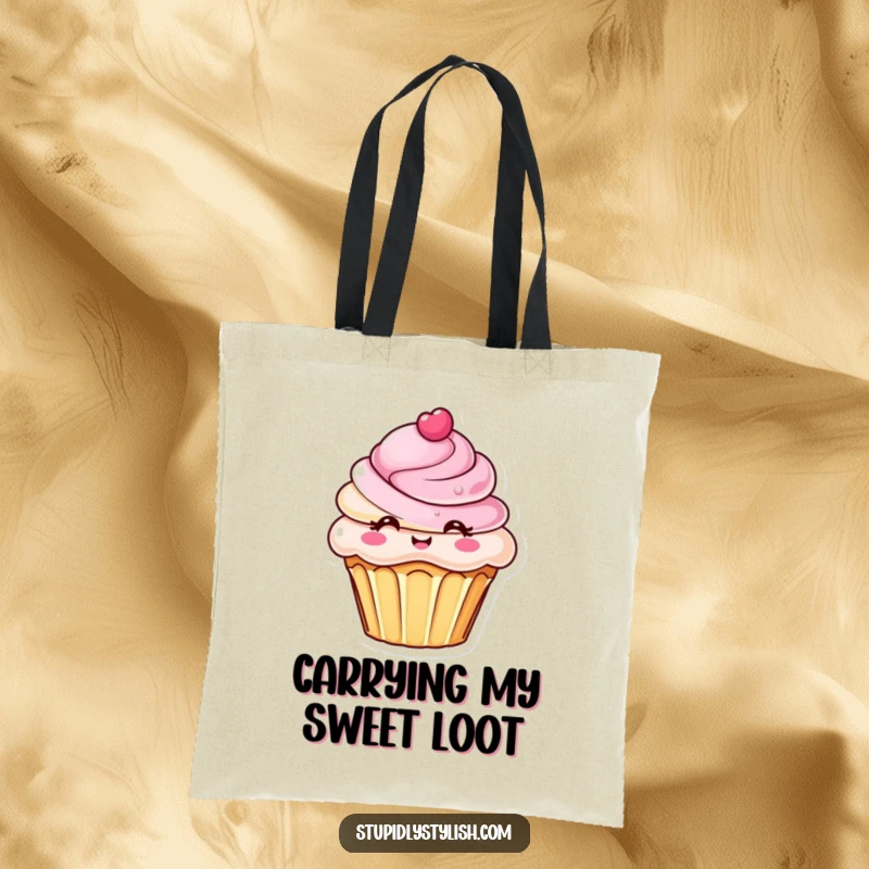 Funny tote bag illustrating a chic cupcake with an elaborate frosting design, a sweet and humorous accessory for carrying essentials.