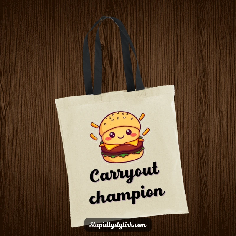 Cute smiling burger character juggling falling french fries, perfect for a tote bag celebrating food lovers and playful fun.