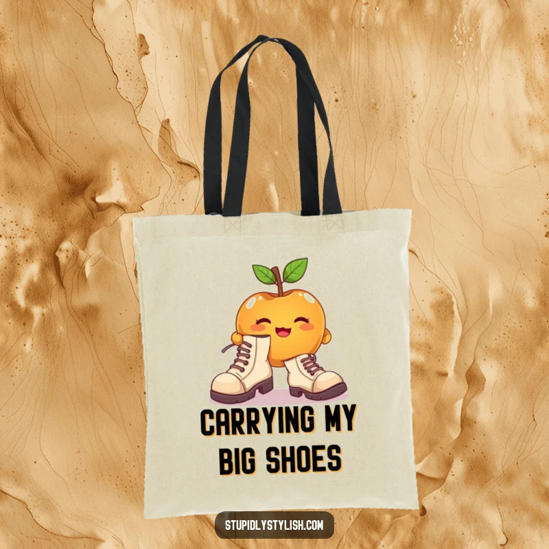 Funny tote bag with a cute apple character attempting to wear enormous, mismatched shoes, perfect for daily use.