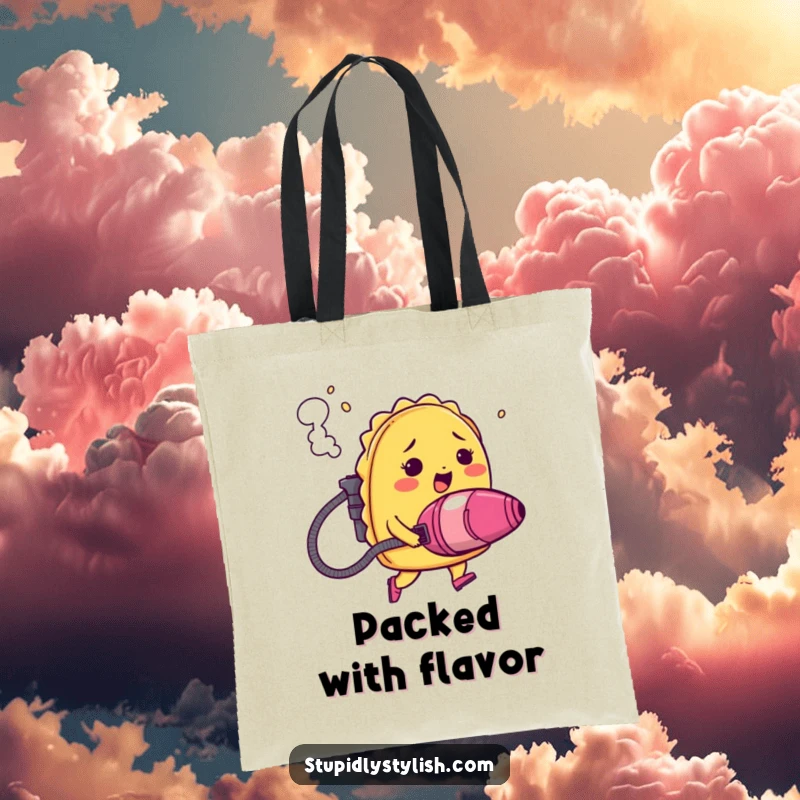 Funny tote bag showcasing a blushing taco attempting flight with a vacuum cleaner jetpack, smoke billowing comically behind.