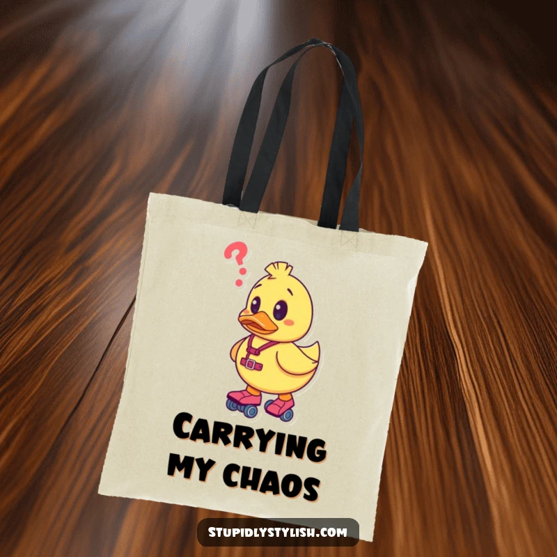 Funny tote bag with a confused rubber duck character on roller skates, perfect for carrying items with a touch of skating mishap humor.